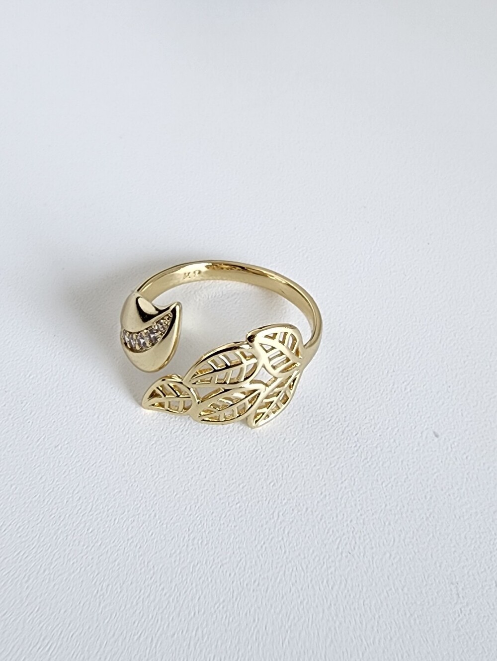 Gold Leaf Open Ring Zirconia Adjustable Size 8 Statement Ring - Picture 3 of 6